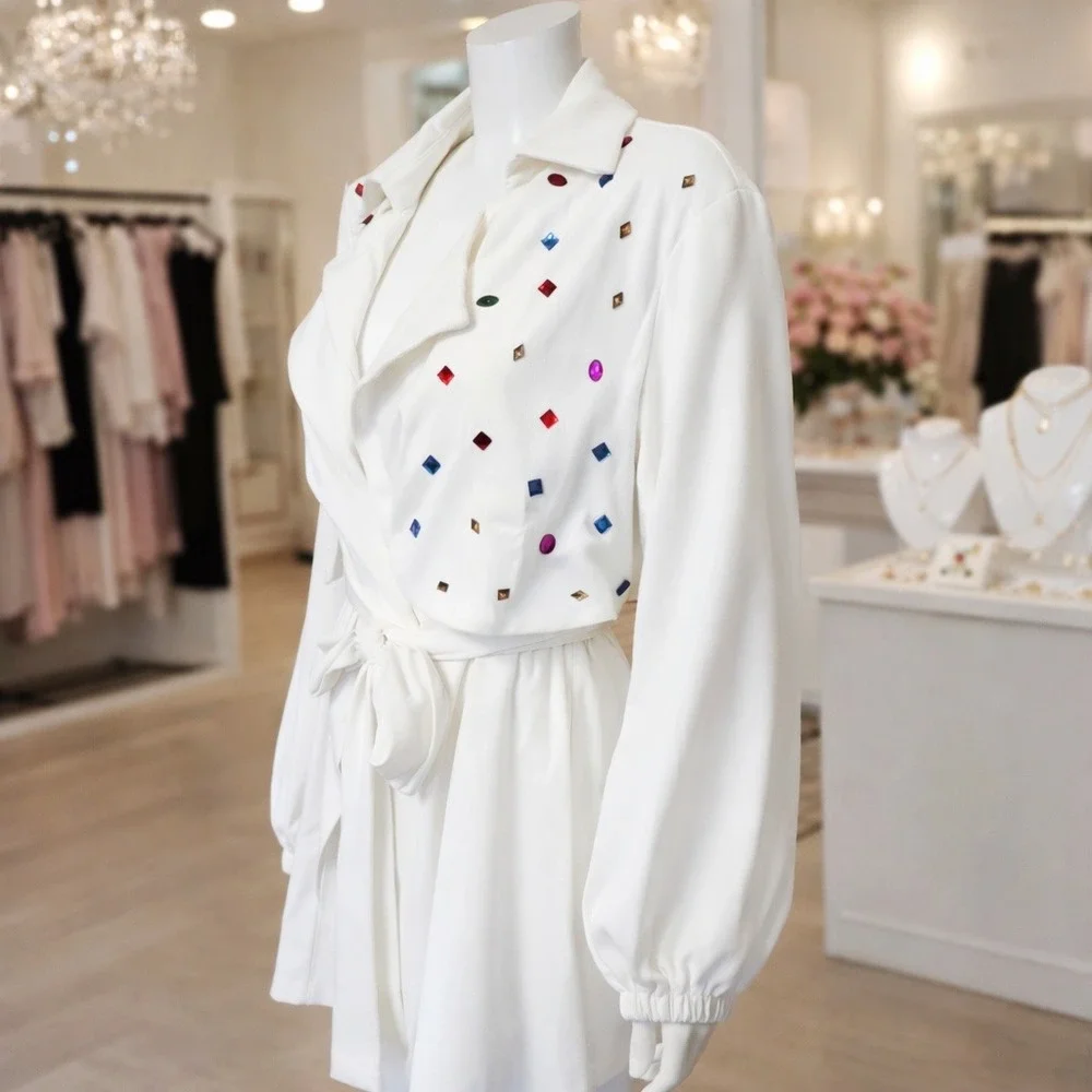Shein‎ Curve White Rhinestone Embellished Long Sleeve Romper 4XL